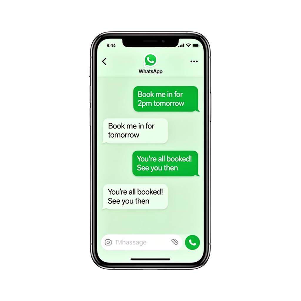 WhatsApp booking conversation showing appointment confirmation