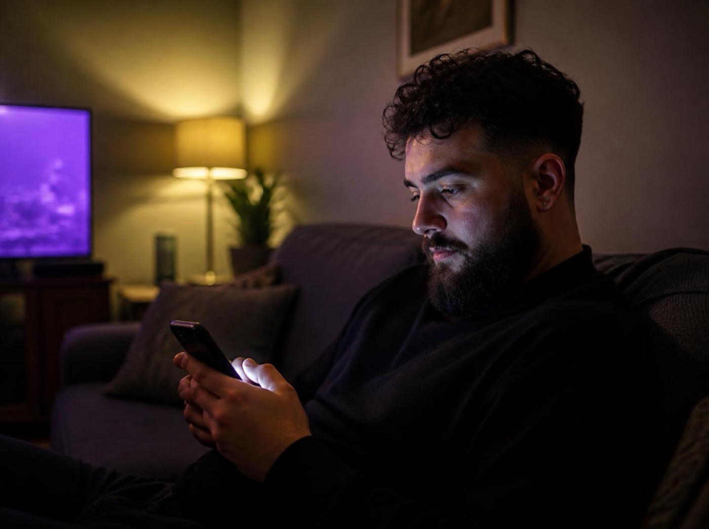 A barber on the sofa at night reading messages on his phone