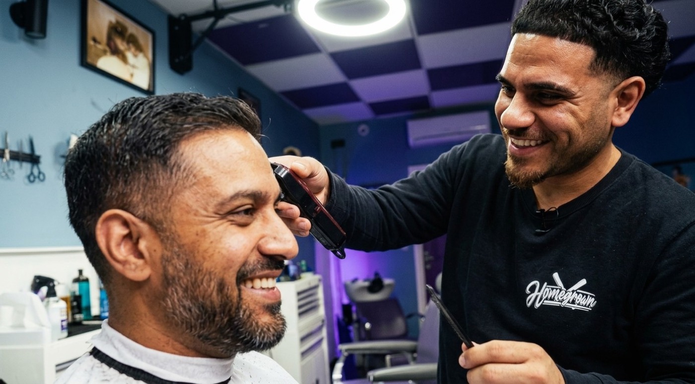 A barber using clippers on a smiling client